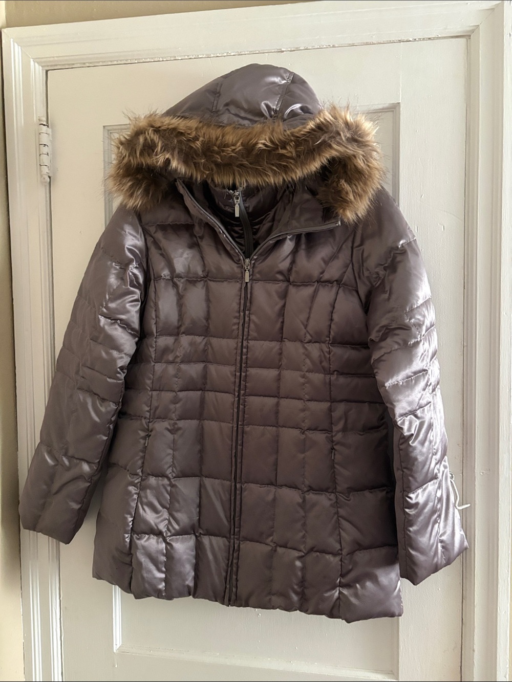 Lands’ End Silver Puffer Jacket with Faux Fur Hood- mid thigh length